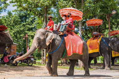 Ayutthaya, Tayland - 17 Eylül 2022: Ayutthaya 'daki Ayutthaya Tarihi Parkı' nda fillere binen turistler. Ünlü dünya mirası sitesi, Ayutthaya, Tayland.