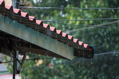 Tatil sabahı çatıdan yağan yağmur rahat bir günde dinleniyor.