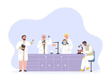 Modern laboratuvarda kimya moleküler deneyini araştıran bir grup bilim adamı. Çokuluslu biyoloji mühendisleri ayırıcıları karıştırıyor mikroskop karikatür vektörü kullanıyorlar.