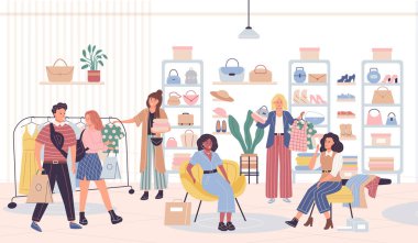 İnsanlar mağazadan kıyafet alıyor. Değişik erkek, kadın ve çiftler moda butiğinde birbirlerine danışırlar. Mevsimlik satış veya indirim, Kara Cuma, malzeme karikatür vektörü satın alma.