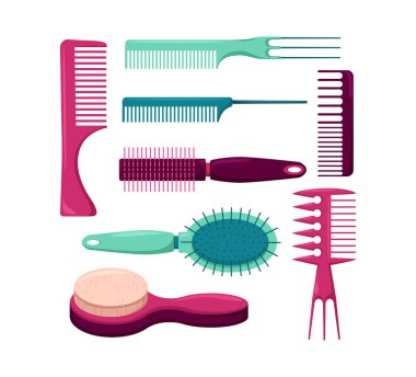 Çok renkli tarak seti. Saç fırçası farklı şekillerde. Moda malzemeleri kuaför tarzı aksesuarlar. Tarz yaratmak için saç stili ya da bakım. Çeşitli saç bakım araçları çizgi film vektörü