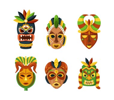 Tiki maskeleri takıldı. Çok renkli Meksikalı Kızılderili ya da kabile tasarımı elementleriyle süslenmiş Afrika etnik maskesi. Zulu ya da Aztek savaşçısı yüz koruyucusu. İlkel yüz idolü düz vektörünün süslemeli sanat eseri.