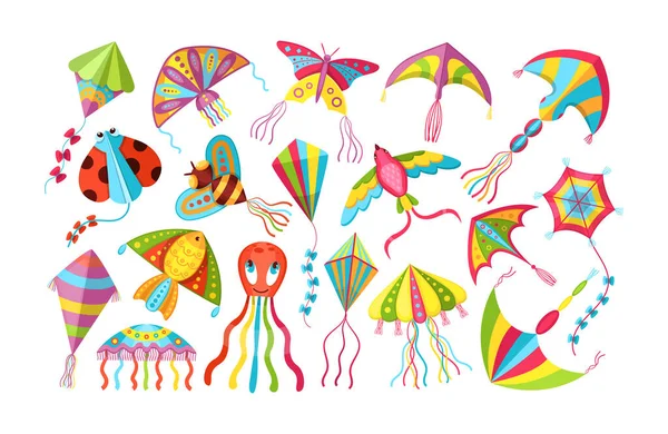 儿童游戏用纸放风筝玩具套装 夏天户外活动用的飞行风玩具 明亮有趣的风筝线 尾巴和装饰品 水母和瓢虫扁平病媒 — 图库矢量图片