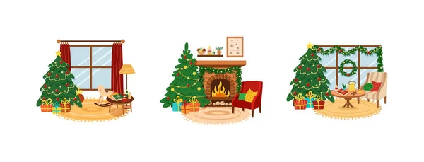 Gemütliches Zuhause Weihnachten Interieur Set Festlich Geschmückte Fichte Geschenkbox Girlanden — Stockvektor