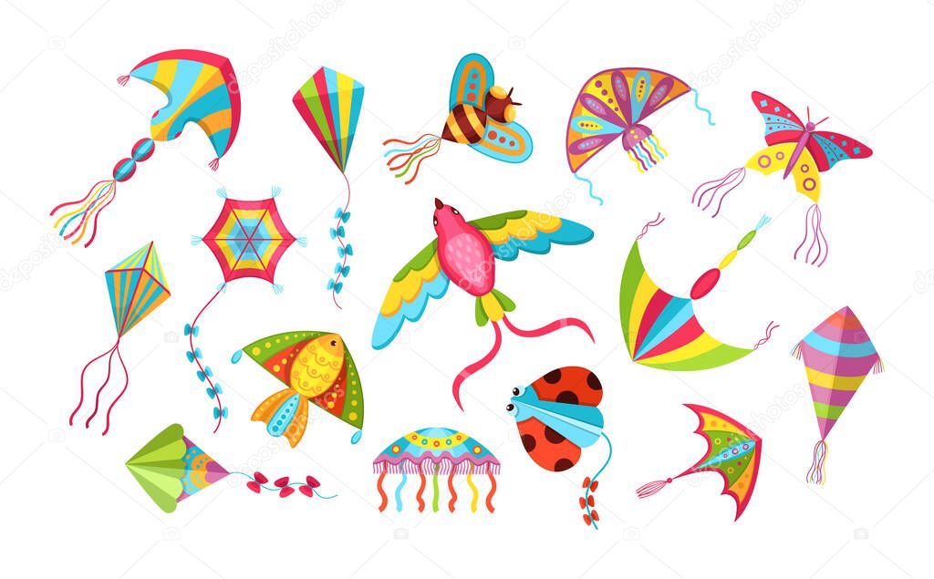 Children games paper flying kites toys set. Flying wind playthings for summer outdoor activity. Bright funny kite strings, tails and ornament. Butterfly, bird, fish, jellyfish and ladybird flat vector