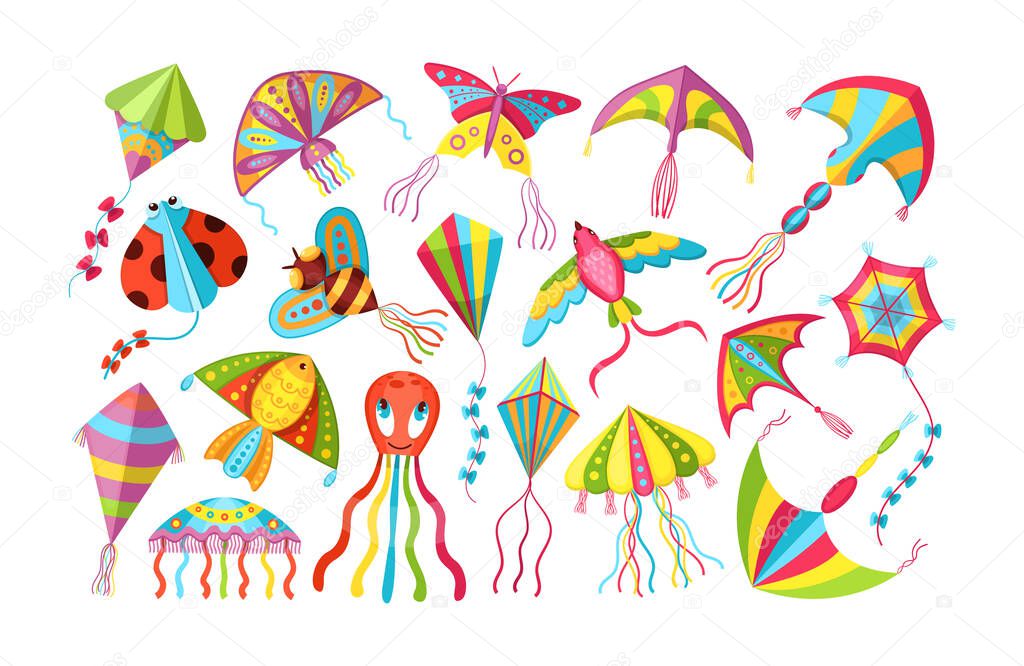 Children games paper flying kites toys set. Flying wind playthings for summer outdoor activity. Bright funny kite strings, tails and ornament. Butterfly, bird, fish, jellyfish and ladybird flat vector
