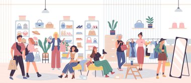 İnsanlar mağazadan kıyafet alıyor. Değişik erkek, kadın ve çiftler moda butiğinde birbirlerine danışırlar. Mevsimlik satış veya indirim, Kara Cuma, malzeme karikatür vektörü satın alma.