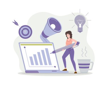 Kadın dijital smm pazarlamacısı dizüstü bilgisayara yazıp seo geliştirme reklam stratejisini analiz ediyor. Promosyon kavramı, iş planlaması, pozitif endeks büyümesi, yaratıcı pazarlama düz vektörü