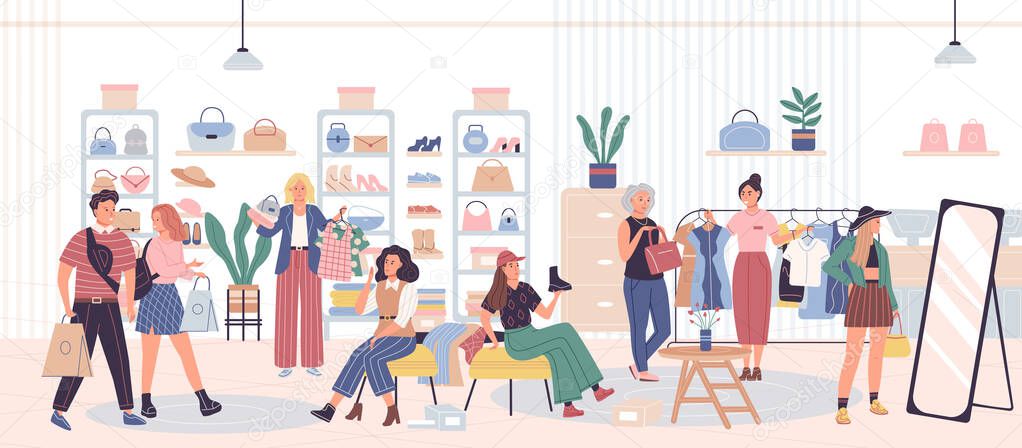People shopping clothes in store. Diverse man, woman and couple choosing, trying and consulting to each other at fashion boutique. Seasonal sale or discount, black friday, buying goods cartoon vector