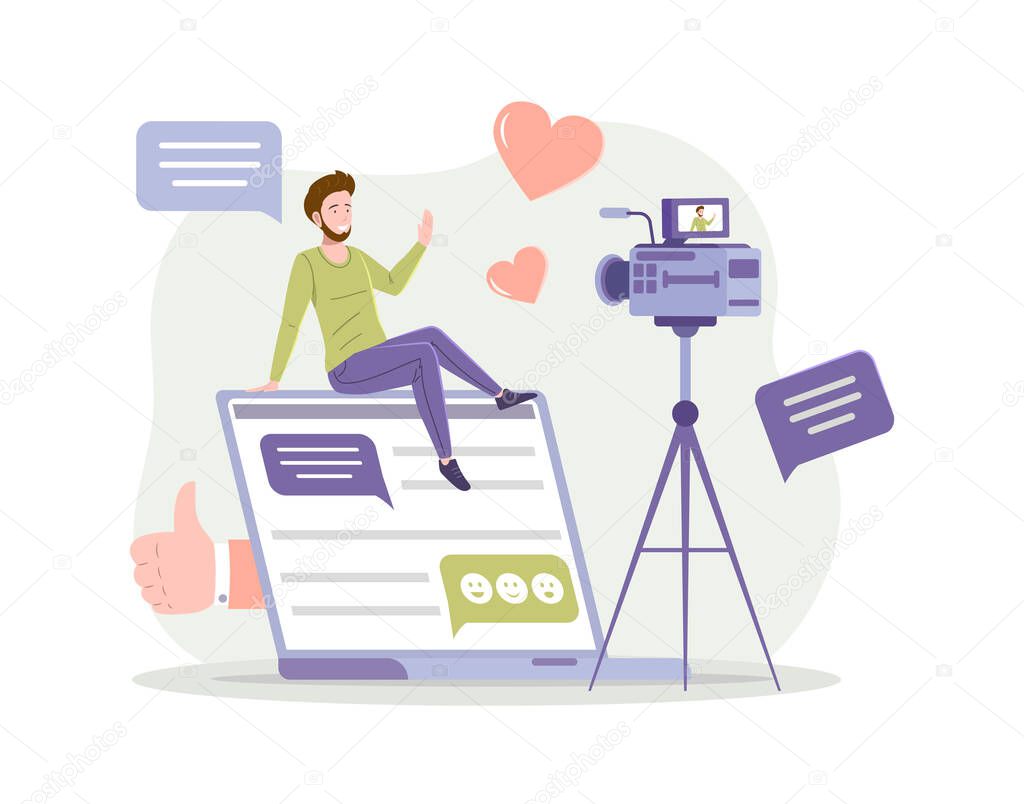 Smiling male vlogger shooting video camera sitting huge laptop talking greeting internet viewer. Happy man influencer recording online content, communication live streaming, filming blog flat vector