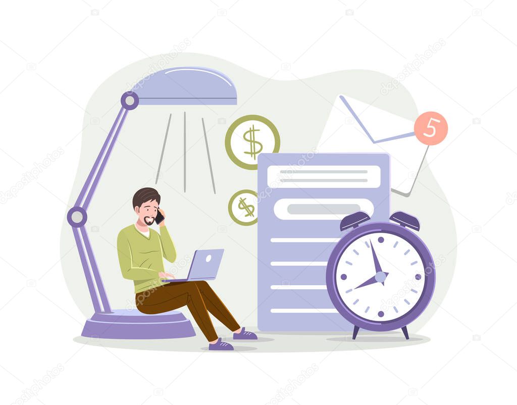 Business freelancer male talking smartphone use laptop with huge alarm clock deadline concept. Work schedule, timetable managing, unanswered email, to do list and time management flat vector