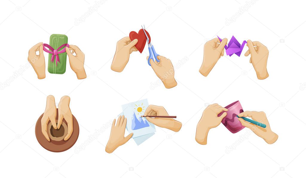 Human hands enjoying craft hobbies set. Creativity class workshop drawing picture, pottery ceramics clay, origami, decorative paint. Craftsman arms with scissors, brush and felt tip vector cartoon