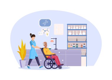 Yaşlılarla ilgilenen sosyal görevliler. Yaşlılarla, engellilerle, hastalıklarla ilgilenen gönüllüler. Hemşire ve doktor tıbbi laboratuarda tekerlekli sandalyeye biniyorlar. Bilim araştırma laboratuarı iç vektörü