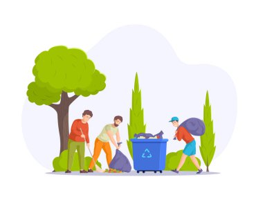 Bir grup gönüllü şehir caddesini birlikte temizliyor. Erkek çevre koruması yapıyor çöp torbasını çöp kutusuna koyuyor. Ekoloji kirliliği, çöplerin geri dönüşümü, temizlik atığı düz vektör