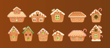 Farklı tatlı zencefilli Noel kışlıkları. Bina şekilli tatil şekerli kurabiyeler. Tatlı pişirme tatlı köy kulübesi çatılarda karla kaplı vektör illüstrasyonu