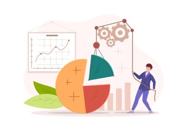 Erkek iş adamı, yarım daire diyagramını tamamladı. Başarılı kar sunumu. Bağlantı parçası analizi, pazarlama bilgi grafiği elemanı. Finansal büyüme raporu düz vektör