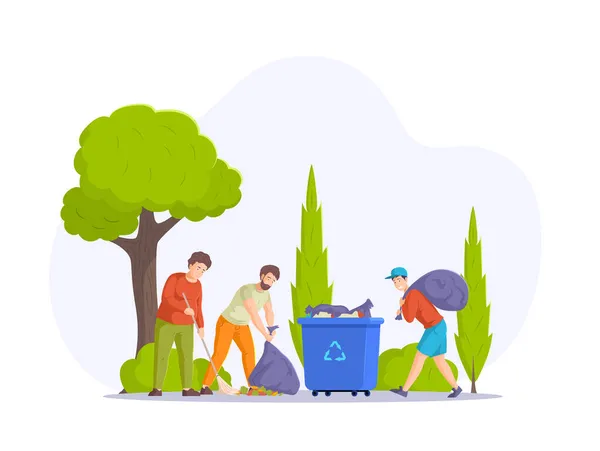 一緒に街の通りを掃除する男ボランティアのグループ 環境保護を行う男性は袋にゴミを入れることができます 生態系の汚染 ゴミのリサイクル 廃棄物の平らなベクトル — ストックベクタ