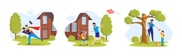 一緒にゲームをプレイスーパーヒーローの衣装を着た男と子供 木の上に鳥の家をぶら下げ 田舎で凧を起動するフィールド間で実行されます 夏の野外活動 フレンドリーな家族の漫画ベクトル — ストックベクタ