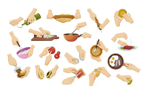 Mettez Les Mains Humaines Préparer Nourriture Ustensiles Cuisine Avec Soupe — Image vectorielle