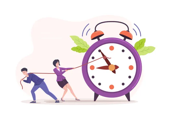 男人和女人都害怕拉闹钟箭有效的时间管理 截止日期的概念 高效的工作日组织 快或快的人工作优化平面向量 — 图库矢量图片