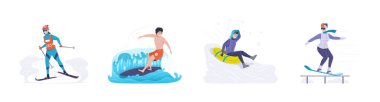 İnsanlar açık hava spor seti seviyor. Aktif erkek ve kadın sörf yapıyor, kayak yapıyor, snowboard yapıyor ve kar borusuna biniyor. Eğlence amaçlı yaz ve kış sporları karikatür vektörü