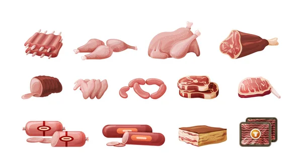 Conjunto Alimentos Frescos Carne Diferente Trozo Rebanado Carne Res Cerdo — Vector de stock