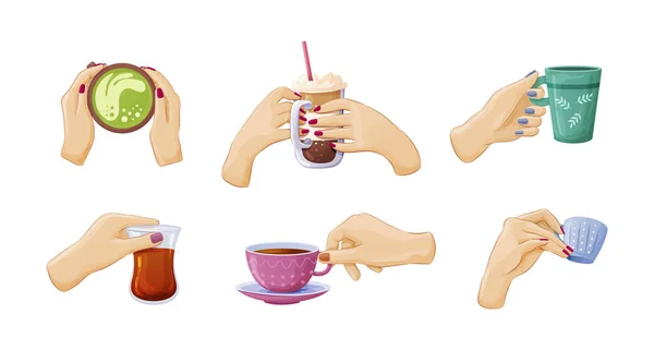 Kvinnliga Händer Som Håller Olika Dryckesset Kvinna Som Dricker Kaffepapper — Stock vektor