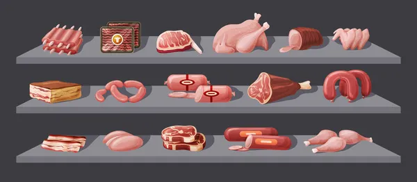 Verschiedenes Frischfleisch Den Regalen Der Supermärkte Handelswaren Lebensmittelladen Schweinefleisch Rindfleisch — Stockvektor