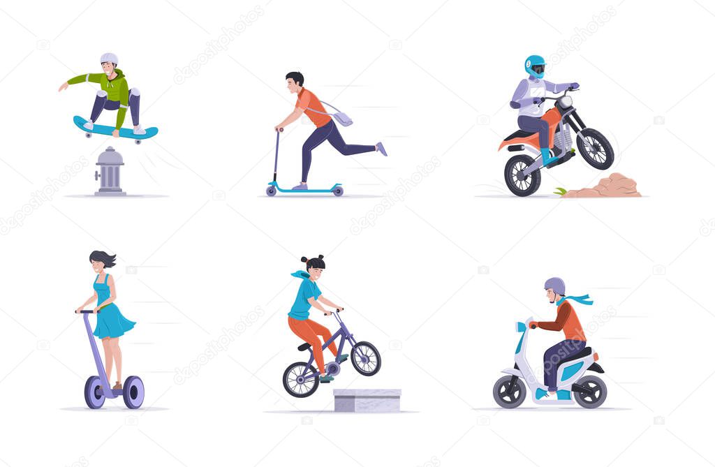 People riding on vehicles outdoor sports activity set. Man, woman and children ride bike, motorbike, skateboard, kick scooter performing trick enjoying extreme recreational hobby flat vector