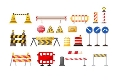 Trafik yol onarım bariyerleri kuruldu. Güvenlik barikatları, barikatlar, uyarı işaretleri. İnşaat çitleri, yol ayrımı, onarım engeli, şehrin sokak onarımı için güvenlik barikatı uyarısı.