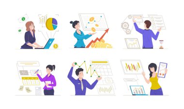 İş geliştirme grafiği olan insanlar. Başarılı projenin istatistik finansmanı sunumu. Çizelge, veri ve hedef başarısı ile finansal başarı analizlerinden kâr etmek. Çalışanların rapor vektörü düz