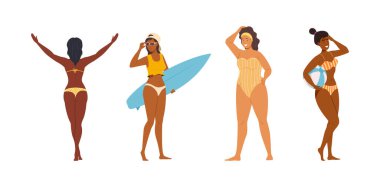 Mayo giymiş çok ırklı bir kadın farklı tiplerde sörf tahtası ve hava topu taşıyor. Bikinili, güneşlenen, dinlenen, yaz tatili aktivitelerinin tadını çıkaran, bronz tenli kadın düz vektör.