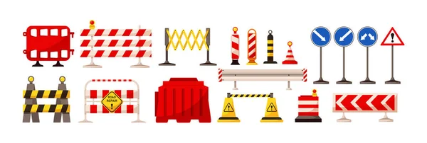 Construction Barrières Réparation Routière Barricade Sécurité Barrages Routiers Panneaux Alerte — Image vectorielle