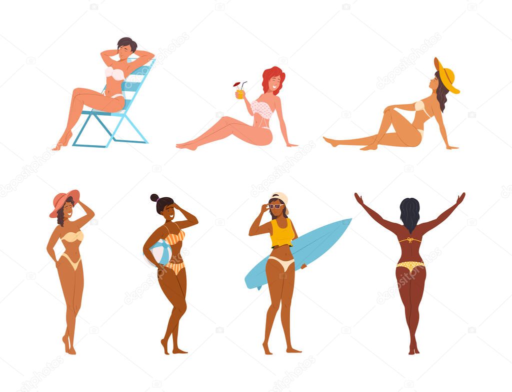 Relaxed woman resting on beach wearing swimsuit. Smiling female in different swim suits: bikini, one-piece swimsuit sunbathe, drinking cocktail, enjoying surfing. Seaside leisure activity vector