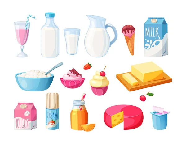 Set Productos Lácteos Leche Natural Lactosa Queso Yogur Mantequilla Crema — Archivo Imágenes Vectoriales
