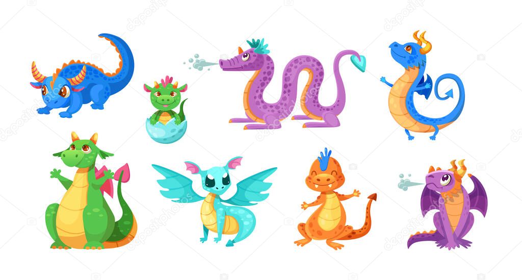 Magic fairy dragons set. Childish fantasy medieval reptile funny mythology monsters. Adorable kids creature dino with wings and tail breathing flame. Legendary bright animal character flat vector