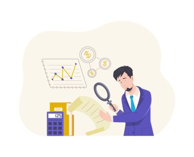 Başarılı iş adamları başlangıç raporlarını sunuyor. Grafik diyagramı ile karı analiz ediyorlar. Finansal belge vektörü düz ile pazarlama istatistik analitik işi yapan adam