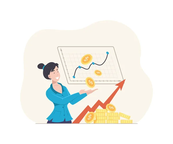 Frau Mit Wachstumsdiagramm Und Steigenden Goldmünzen Statistiken Finanzieren Die Präsentation — Stockvektor