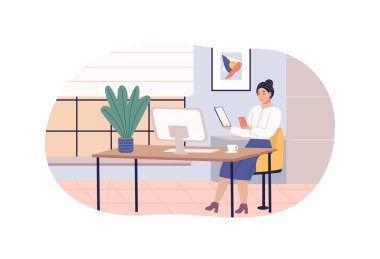 Modern kadın bilgisayarlı bilgisayar monitörlü tablet bilgisayar akıllı telefonu kullanıyor. Serbest çalışan iş kadını, aygıt düz vektörüyle dijital ekran teknolojisi internette geziniyor.