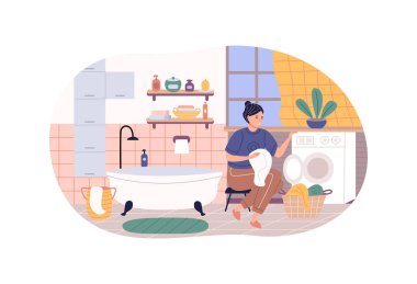 Ev hanımı, ev tuvaletindeki çamaşır makinesine kirli çamaşır koyuyor. Hafta sonları kadın temizliği. Çamaşırları çamaşır makinesine yüklüyorum. Ev aletleri temiz giyim çizgi film vektörü