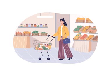 Markette alışveriş yapan tramvaylı bir kadın. Modern kadın alıcı dükkanda meyve, sebze, turşu ve reçel seçiyor. İçeriyi gıda çeşitleri düz vektör gösterimi ile depola