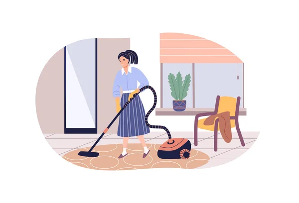 ゴム手袋のクリーニングカーペットの現代の主婦は掃除機を使用します 女性は家電でリビングルーム衛生を楽しんでいます 女性家政婦毎日Choreフラットベクトル — ストックベクタ