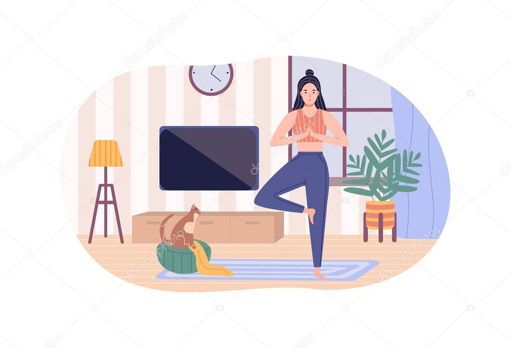 Active flexible woman practicing yoga at home standing in tree pose hands prayer. Sports female and cat enjoying harmony balance hobby leisure recreation. Healthy lifestyle, mindfulness cartoon vector