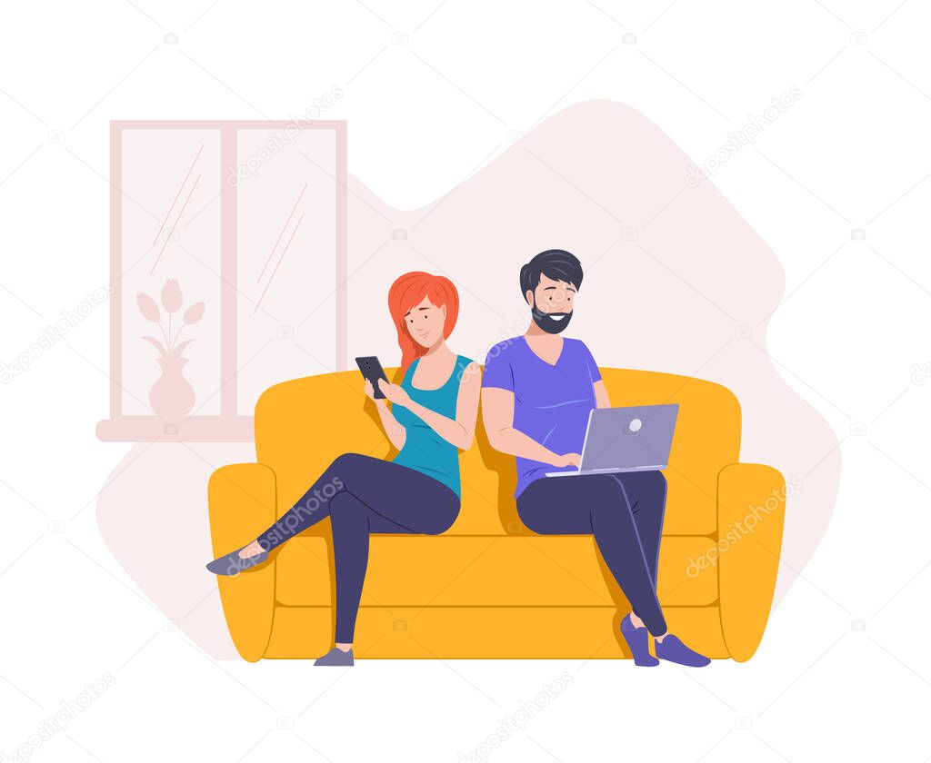 Relaxed man and woman sitting on couch browsing internet use laptop chatting on smartphone. Happy couple suffering internet addiction procrastination enjoying leisure weekend at home cartoon vector