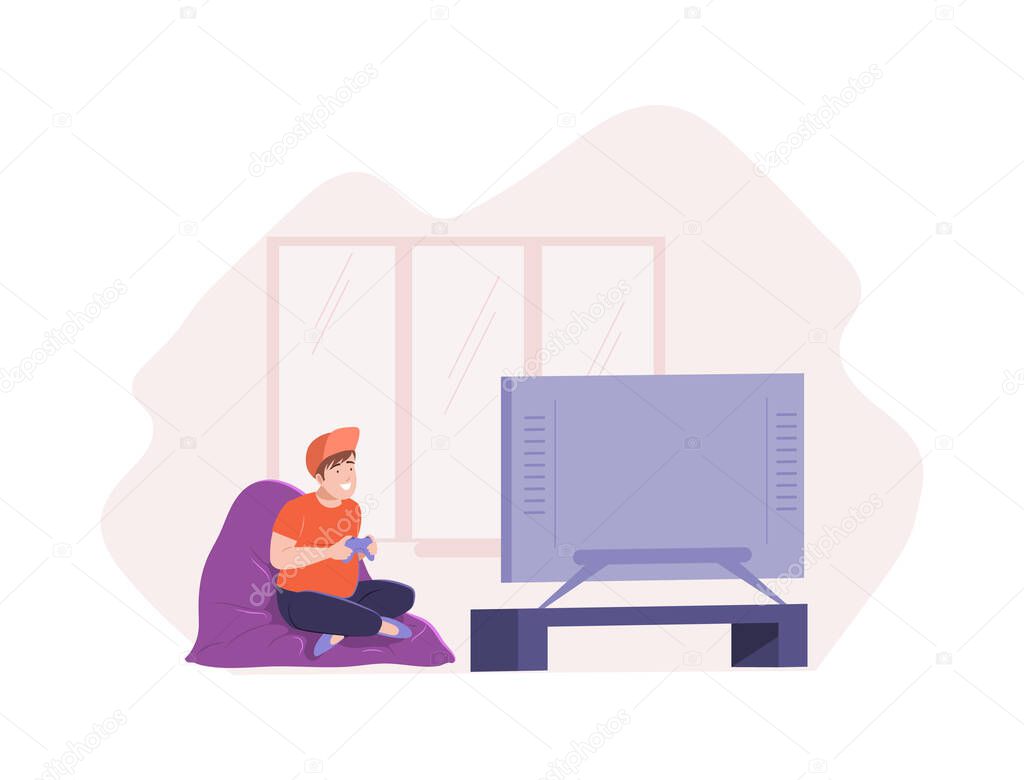 Happy male kid holding joystick playing virtual online video game on tv set. Smiling boy child sitting comfortable armchair enjoying weekend leisure activity suffering internet addiction vector flat