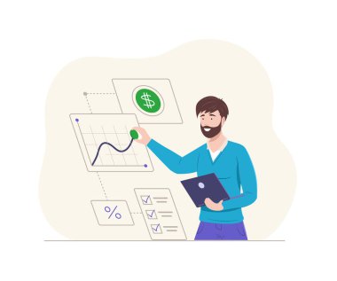 İş adamı grafiksel piyasa analizi kar stratejisi geliştirme. Finans tahminleri, trend tahminleri, liste yapmak gerekirse, yüzde dolar. Diyagram yönetimi optimizasyonu düz vektör