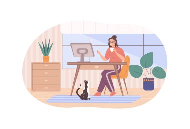 Modern kadın bilgisayar monitörlü bilgisayar masasını ev ofisinde çalışıyor ve sıcak çay kahvesi içiyor. Kedi koltuğu yere düştü. Serbest çalışan iş kadını dijital ekran teknolojisi vektörünün keyfini çıkarıyor