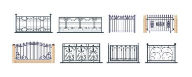 Balkon korkulukları ve kapılar, çitlerin dış girişi. Klasik modern ev balkonlu ön cephe, teras çitleri. Sahte metal yapılar vektörünün mimari süsleme korkuluğu duvarı