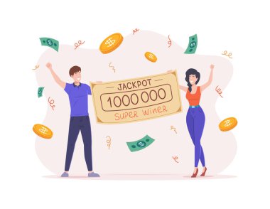 Piyangoyu kutlayan şanslı çift banka ikramiyesini elinde tutuyor. Mutlu erkek ve kadın mali başarının keyfini çıkarırken, para ve para düzlüğü ile çevrili eller havada.