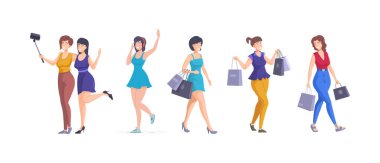 Mutlu kadın günlük aktivite seti arkadaşlarıyla selfie çekiyor, kulaklıkla müzik dinliyor, kese kağıdıyla alışveriş yapıyor. Gülümseyen kadın hafta sonu eğlencesinin tadını çıkarıyor.